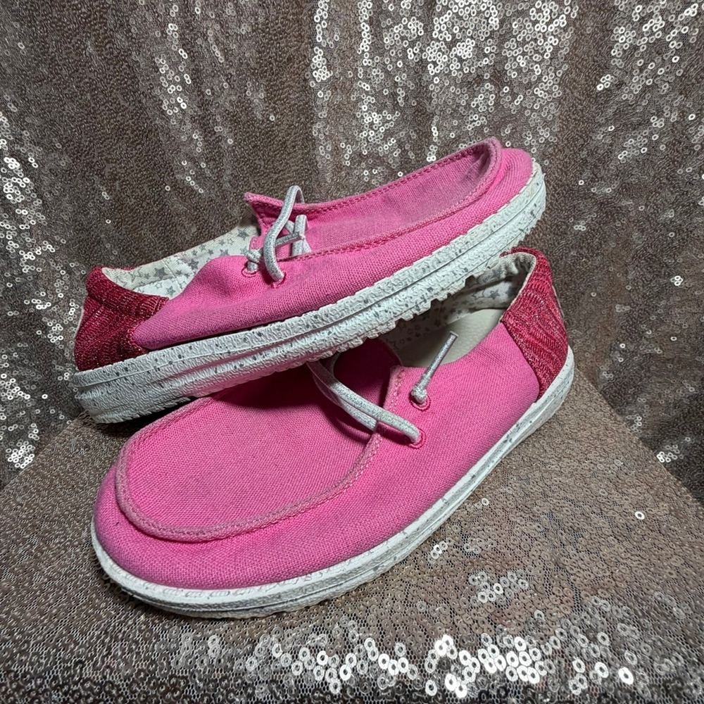Hey Dude Youth US 1 Pink Canvas Lightweight Lace-Up Loafer Casual Shoes